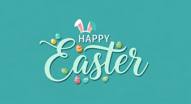 A festive happy easter greeting card design featuring colorful decorated eggs and bunny rabbit ears.