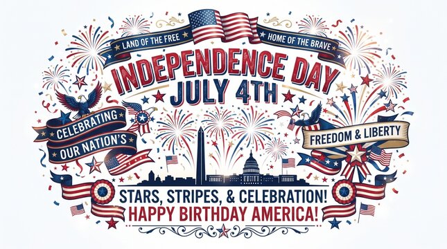 Independence Day graphic with fireworks, flag, eagle, and Liberty, colorful composition highlighting patriotism, unity, and celebration.