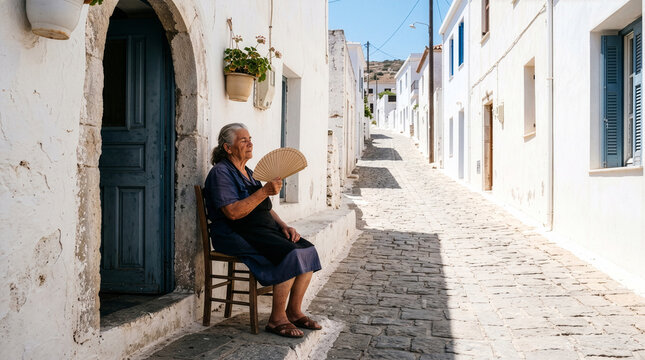 Elderly Greek woman fanning herself on chair in narrow village alley