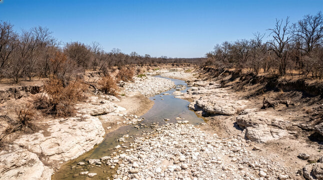 Severely depleted river with exposed rocks during extreme drought conditions