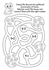 Black and white forest math maze for children with raccoon counting oak, birch, chestnut leaves. Line woodland labyrinth game with cute animal, plants. Woodland activity, worksheet, coloring page © Lexi Claus