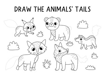 Fototapeta premium Black and white forest drawing game with cute animal tails. Woodland tracing activity. Line nature printable worksheet, coloring page for kids with squirrel, fox, wolf, skunk, lynx rare body parts