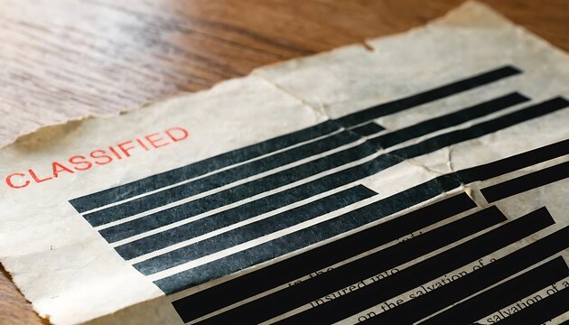 Crumpled paper document stamped CLASIFIED with redaction bars classified redacted