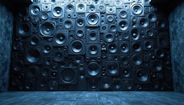 Wall covered with various speakers creating sound system. Different sizes and shapes fill the backdrop. Modern concept for audio technology and music.