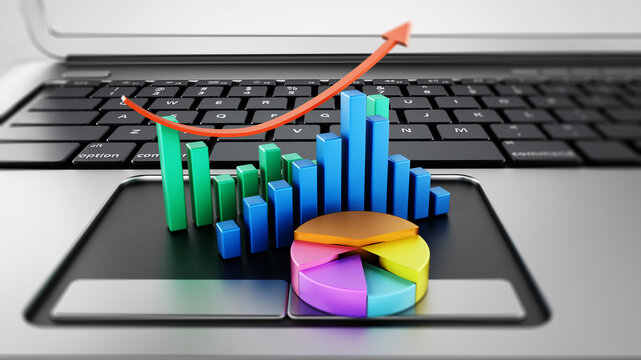Financial charts standing on laptop computer keyboard. 3D illustration