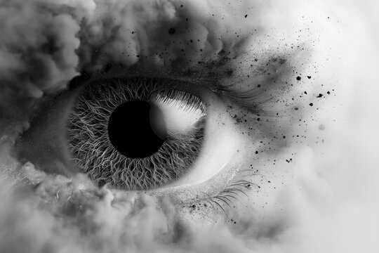 Surreal black and white eye surrounded by ethereal smoke and dust symbolizing vision and perception in a dreamlike atmosphere