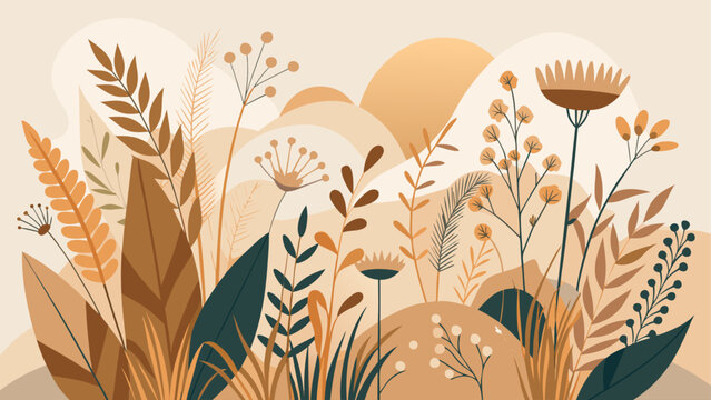 Abstract floral background with boho style botanical elements in warm earth tone colors