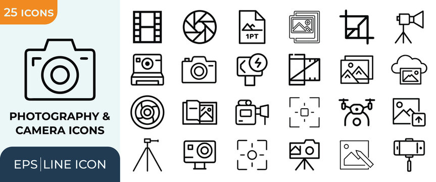 Photography and camera line icons collection with lenses tripods video equipment and photo gallery.