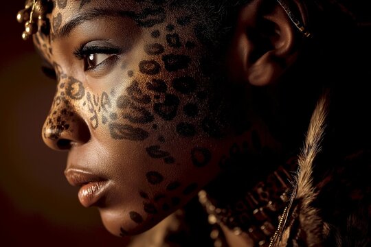 Portrait of a young woman with intricate leopard face paint and exotic jewelry exuding wild beauty and cultural heritage