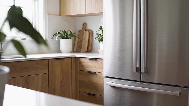 Modern kitchen interior with stainless steel refrigerator and oak wooden cabinets.