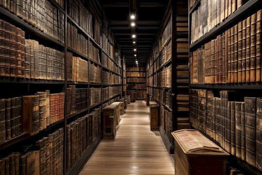 A majestic library corridor filled with ancient books and rich history inviting exploration and discovery in a timeless setting