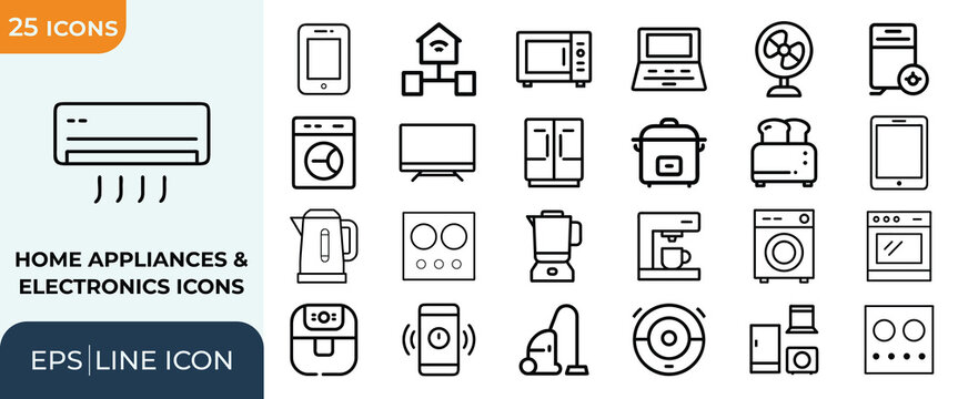 Home appliances and electronics line icons set for kitchen laundry smart house and cooling devices.
