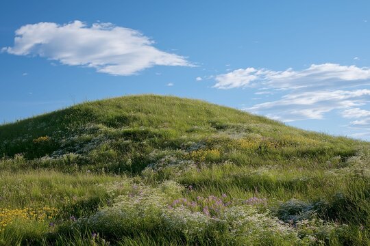 Lush green hillside adorned with colorful wildflowers beneath a bright blue sky dotted with fluffy white clouds