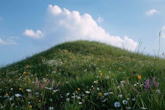 Lush green hillside adorned with colorful wildflowers beneath a bright blue sky on a sunny day