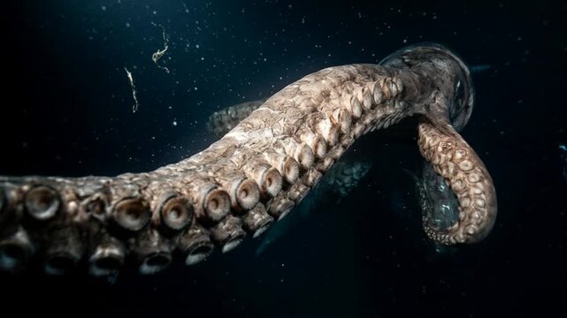 Giant Squid Tentacle Emerges from Deep Ocean Darkness, a Dramatic Underwater Encounter