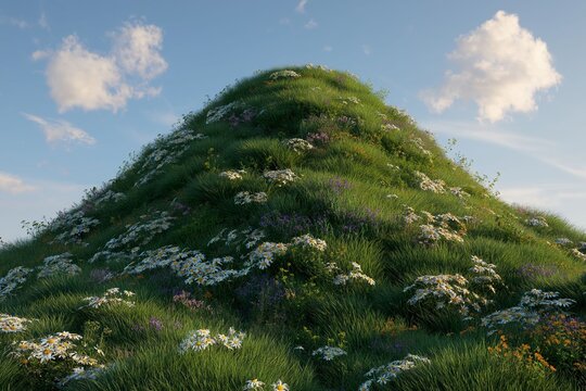 Vibrant green hill covered with wildflowers under a bright blue sky during a sunny day perfect for nature and landscape themes