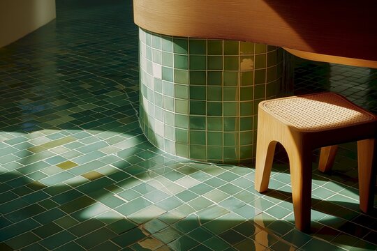 Chic interior decor showcasing vibrant green mosaic tiles paired with elegant wooden furnishings in a modern living area
