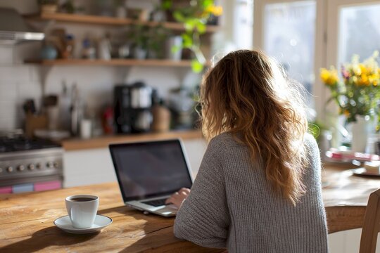 Woman working on laptop in cozy kitchen with coffee and natural light emphasizing a productive and relaxing home environment