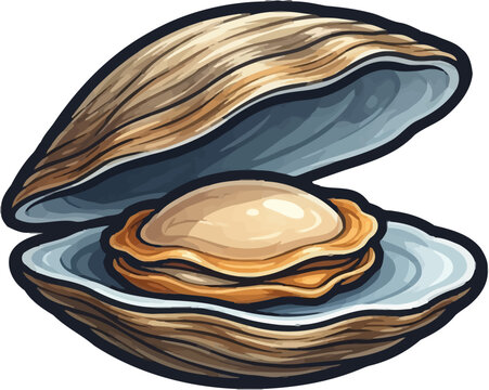 Open oyster shell showing soft edible meat inside with textured brown exterior in digital art style