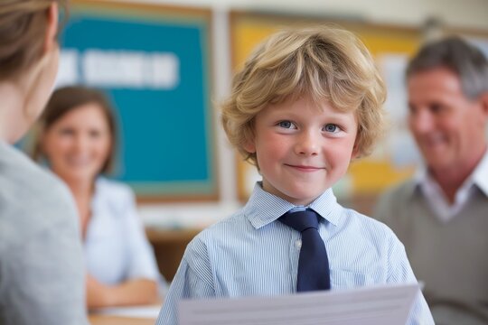 Smiling young boy in formal attire holding papers in classroom with family members in the background