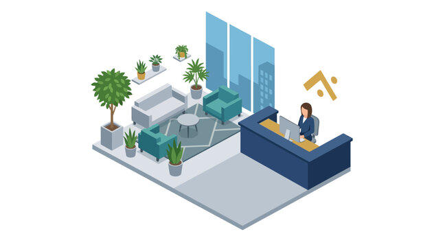 Isometric Illustration of a Modern Office Reception Area with Receptionist