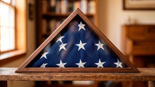 American Flag Folded and Displayed in a Wooden Shadow Box Frame