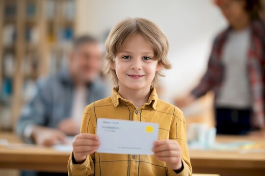 Smiling boy holding a letter in a bright room with family in the background capturing a moment of joy and connection