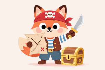 Fototapeta premium A cartoon fox dressed as a pirate, holding a sword and treasure map, standing next to a treasure chest, in a playful, digital illustration style with a beige background.
