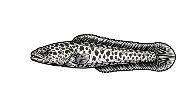 Detailed black and white ink illustration of a predatory snakehead fish with spotted skin patterns