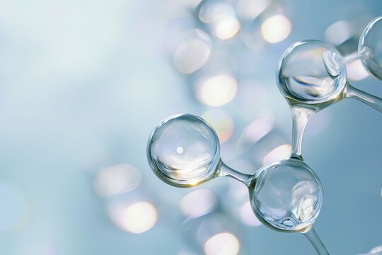 Close up of glass droplets forming a molecular structure with a soft blue background and blurred bokeh effect