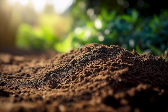 Close up of rich dark soil with blurred greenery in the background highlighting the importance of healthy earth for plant growth