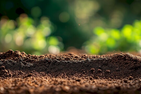 Close up of rich brown soil with soft focus background of green plants in nature symbolizing fertility and growth
