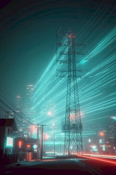 Illuminated power lines at night with light trails in a cityscape capturing the energy and motion of urban life