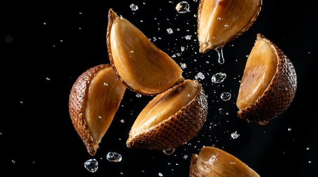 Water droplets splash on falling brown objects with shells against black