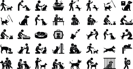 Obraz premium Set of black stick figure icons showing people doing outdoor camping and hiking activities such as walking exploring nature looking at maps and observing wildlife in the forest