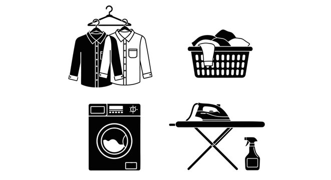 Laundry process icons including shirts hanging, washing machine, ironing and detergent