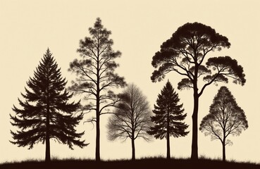 Fototapeta premium Collection of diverse tree silhouettes against light background. Features coniferous, deciduous species in varying heights, shapes. Minimalist forest elements for graphic design, nature themes.