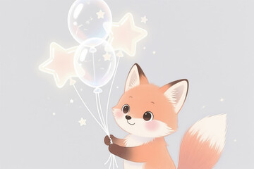 Fototapeta premium A cartoon fox with a fluffy tail holds balloons and stars in a soft, dreamy illustration with a light gray background.