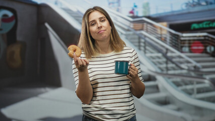 Fototapeta premium Woman holding a donut and a teal mug, eyes closed savoring a bite while standing by an escalator in a public building near stairs; contentment savoring.