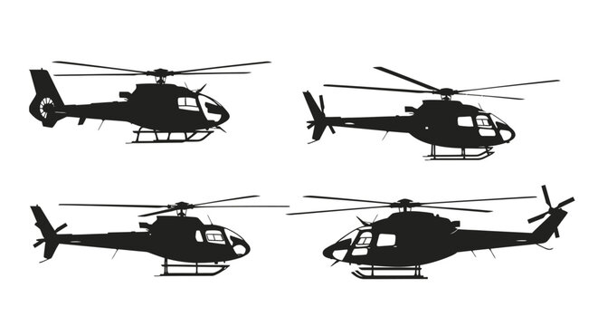 Four helicopter silhouettes in flight from different angles