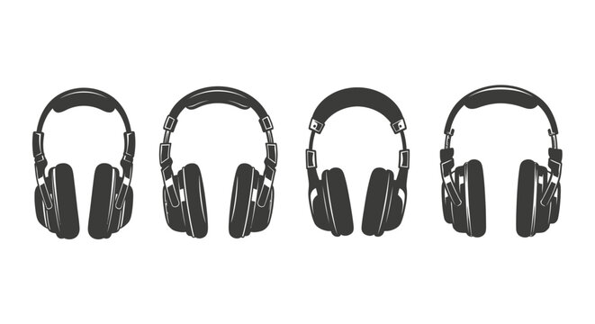 Four over-ear headphones in black and white illustration style