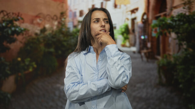 Woman touching forehead and chin with hand, face forward in a cobblestone street with plants and buildings; thinking pondering introspection concern.