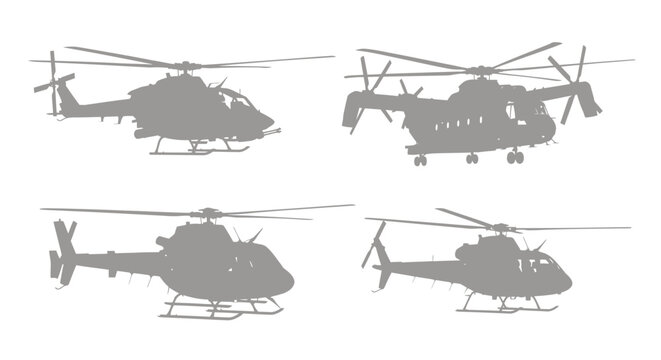 Four military helicopters in black silhouette style
