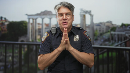 Fototapeta premium Police man clenches fists smiling widely, radio mic and badge visible on chest, on a balcony railing before ancient ruins building; pride duty.
