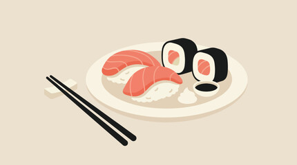 Salmon nigiri and maki sushi rolls with black chopsticks. © Muhammad