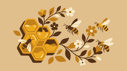 Honeybees gathering nectar near golden honeycomb and blossoms. © Muhammad
