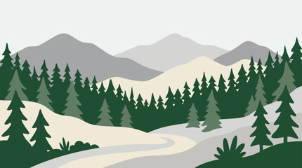 Fototapeta premium Snowy mountain peaks and pine tree forest landscape.