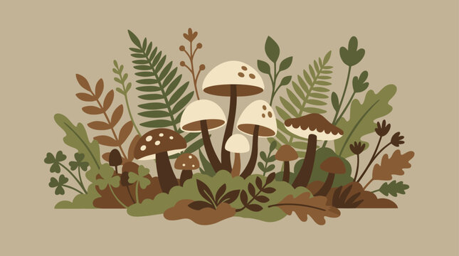 Earthy forest floor with wild mushrooms and green ferns.