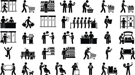 Obraz premium Set of black stick figure icons representing various activities and daily tasks in a supermarket store shopping mall retail environment showing people buying goods and services