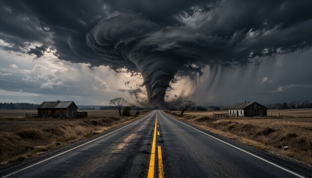 Powerful tornado descends over a long, straight road. Dark, swirling clouds loom dangerously above